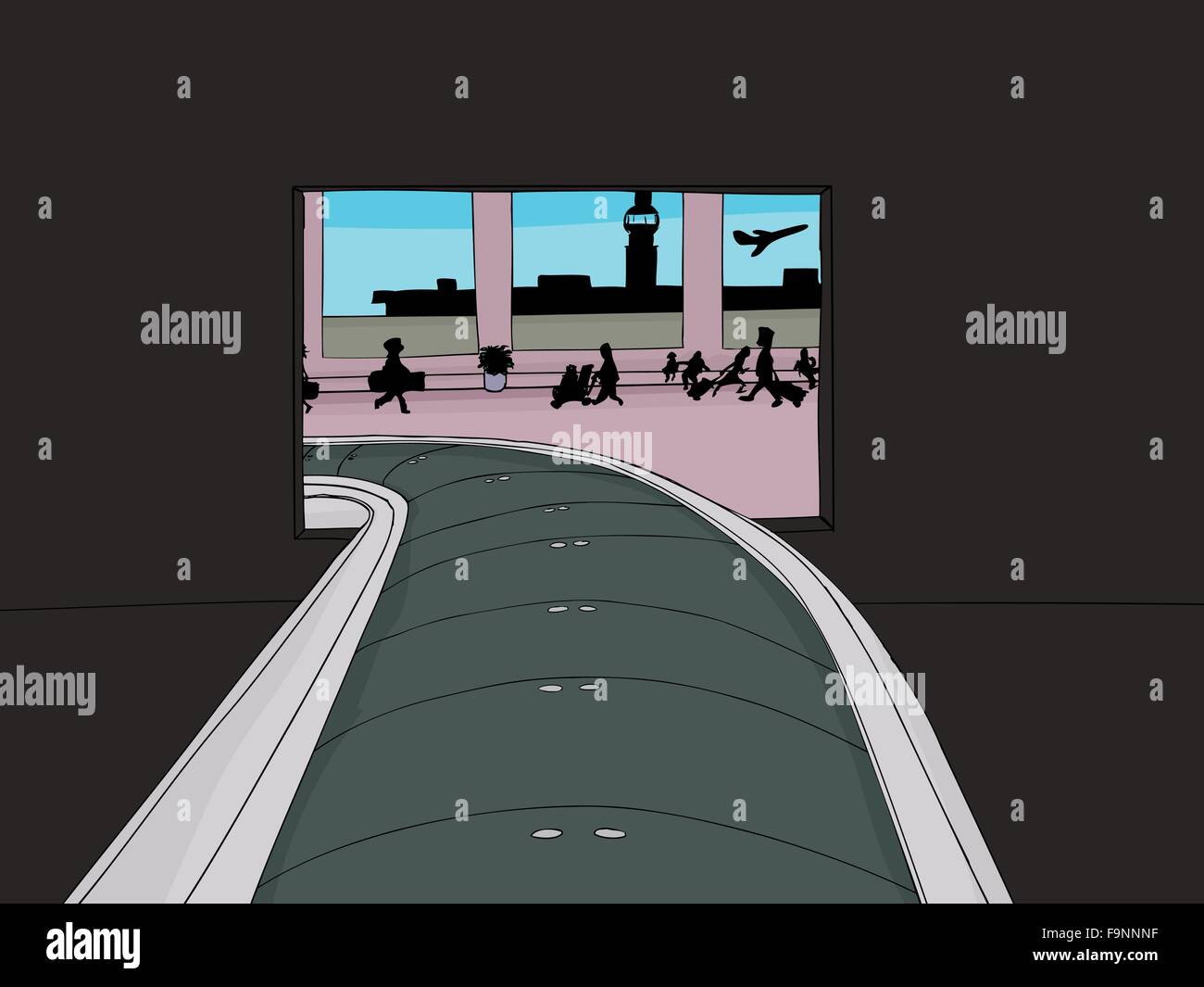 Point de vue des transporteurs à courroie vide dans l'aéroport bondé Illustration de Vecteur