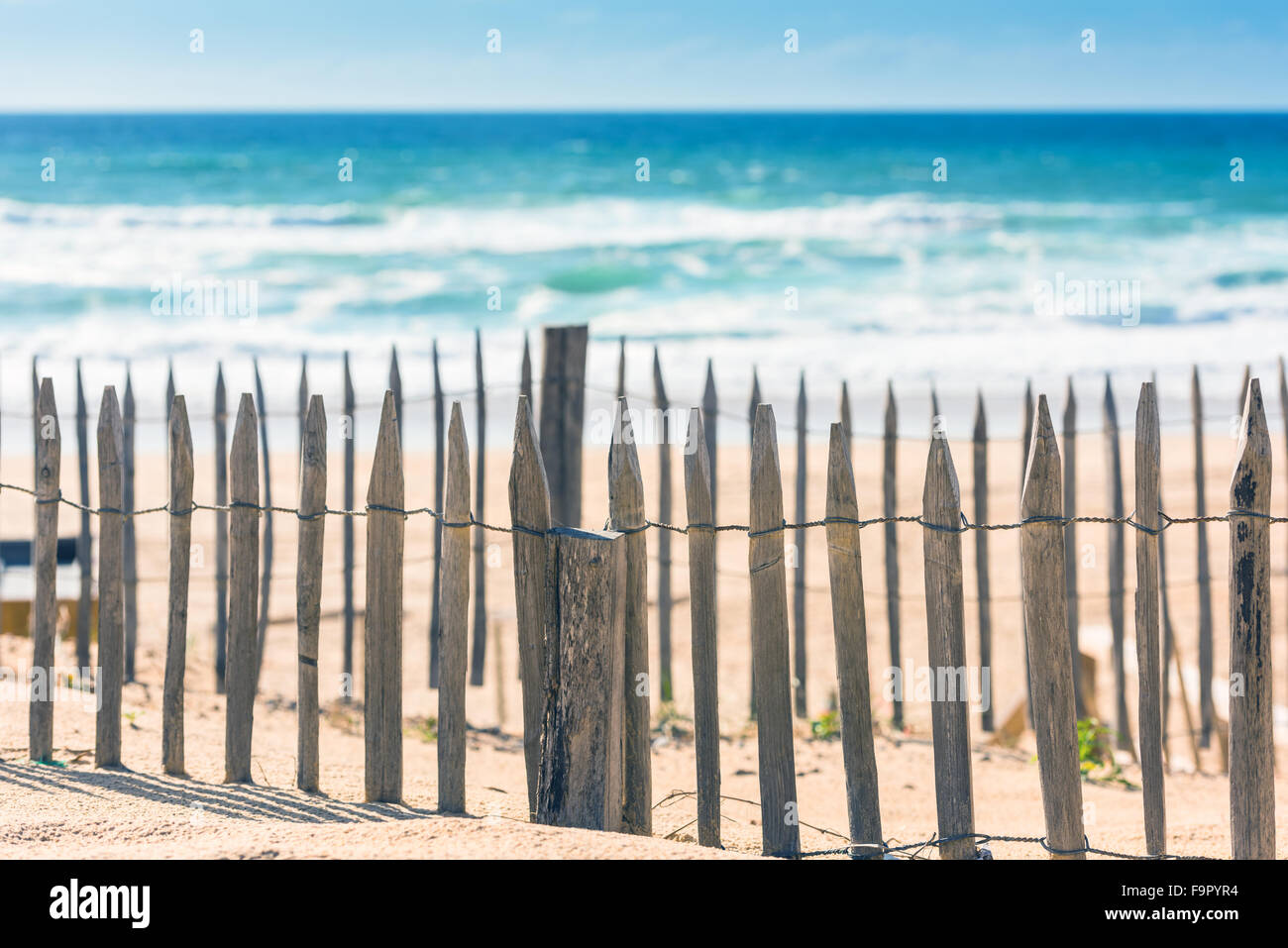 Clôture en bois sur une plage de l'Atlantique en France, le Département de la Gironde. Tourné avec un focus sélectif Banque D'Images