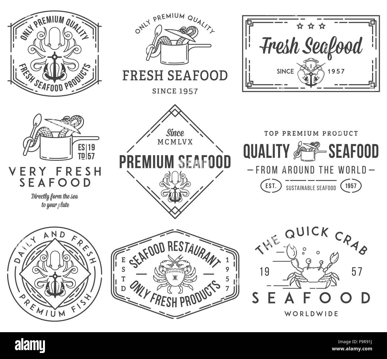 Noir sur blanc les étiquettes de fruits de mer et insignes tome 1 pour toute utilisation Illustration de Vecteur