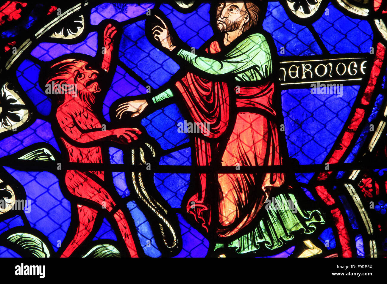 Vitrail. Hermogène pacte avec le diable rouge. Bay 18 - Vie de Saint James. 1869. Banque D'Images