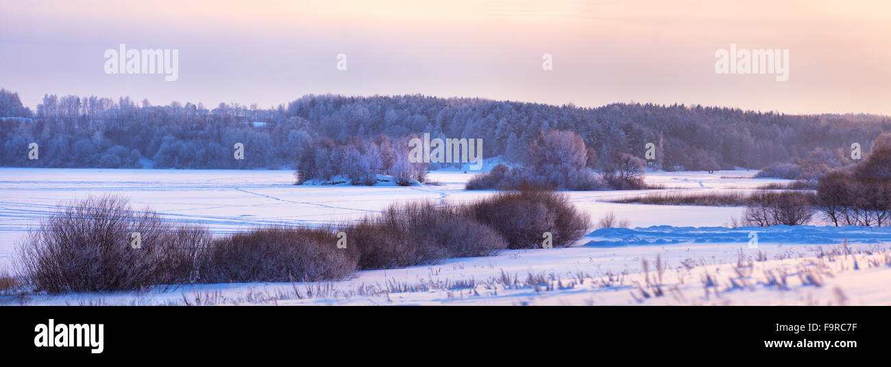 Soirée d'hiver sur un lac. Le givre, la glace et la neige en Biélorussie Banque D'Images