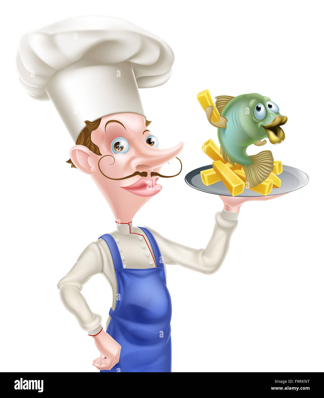 Caricature de fruits de mer chef holding un plat ou une plaque avec du poisson et des frites il Banque D'Images