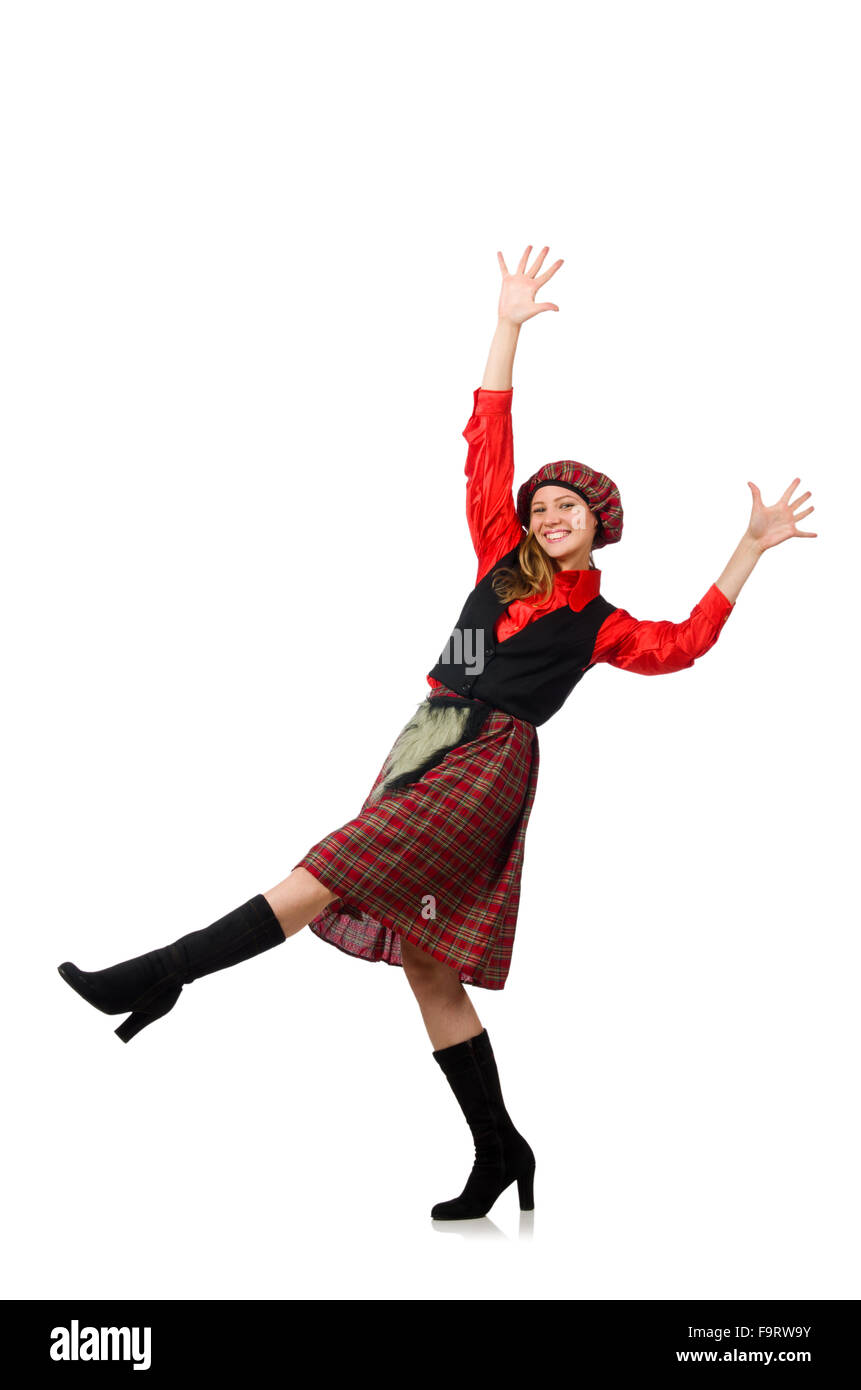 Femme drôle en vêtements écossais on white Banque D'Images