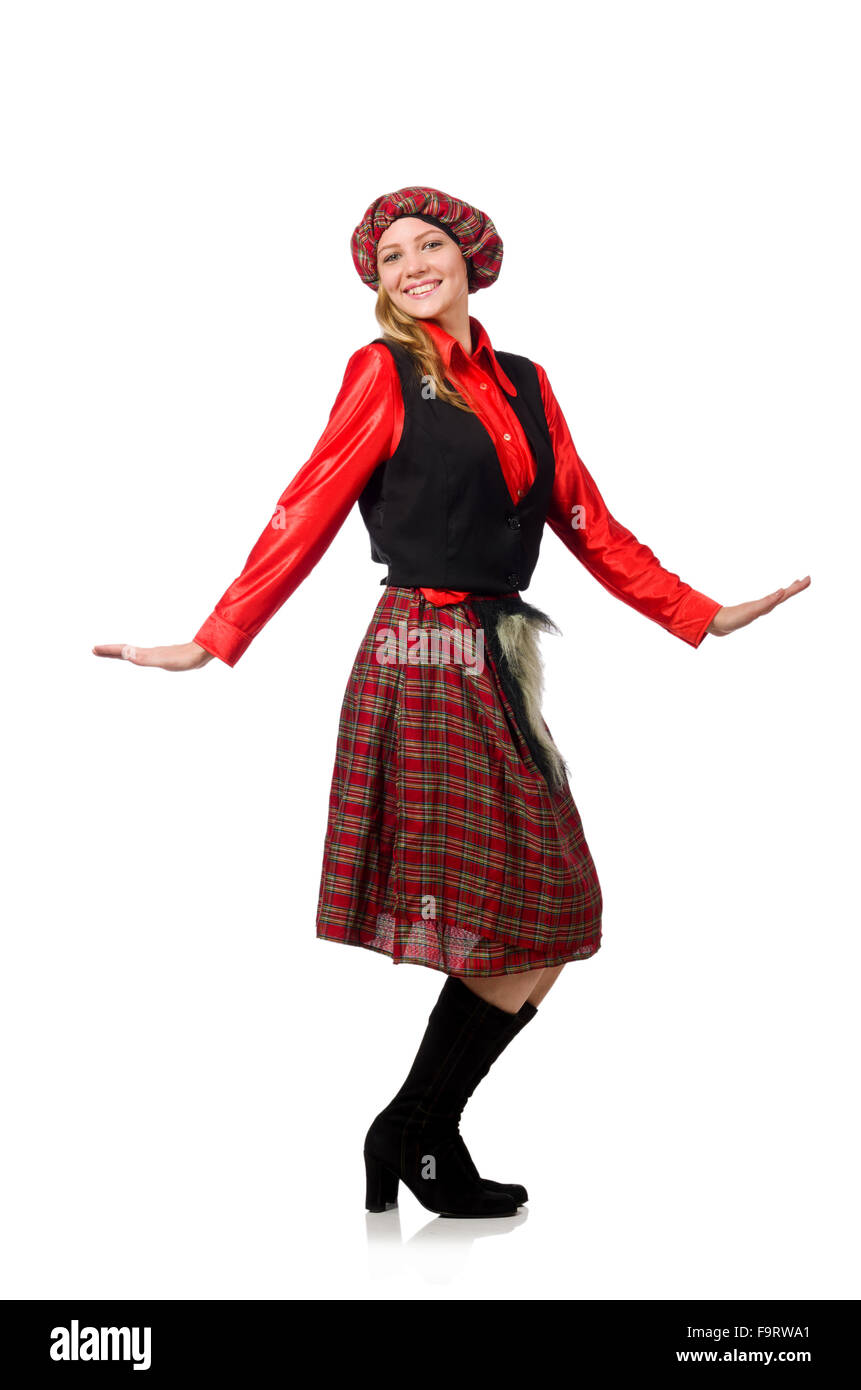 Femme drôle en vêtements écossais on white Banque D'Images