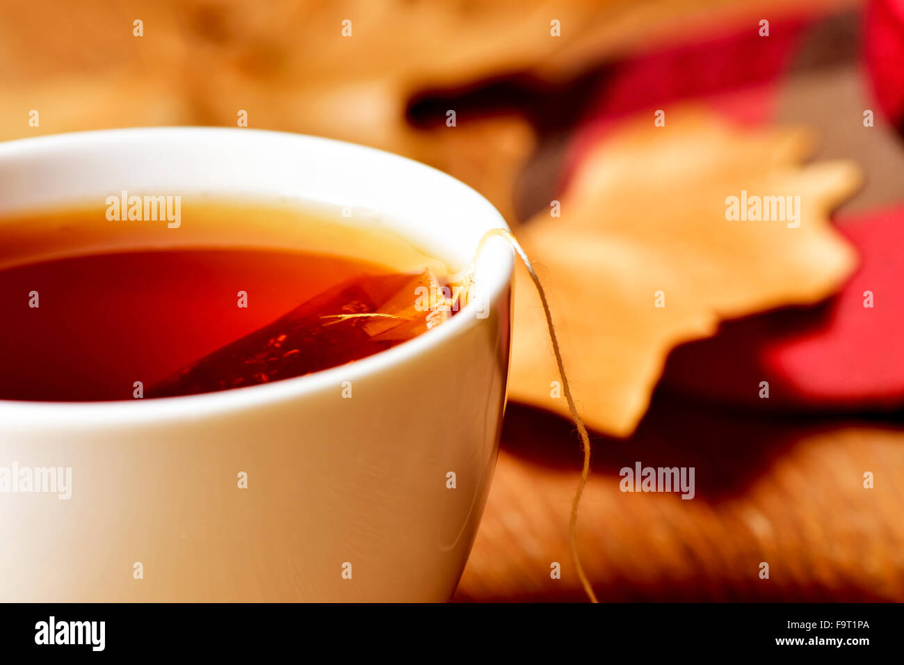 Libre d'une tasse en céramique blanche avec un sachet de thé ou tisane d'être trempées dans l'eau chaude, sur une table en bois rustique Banque D'Images