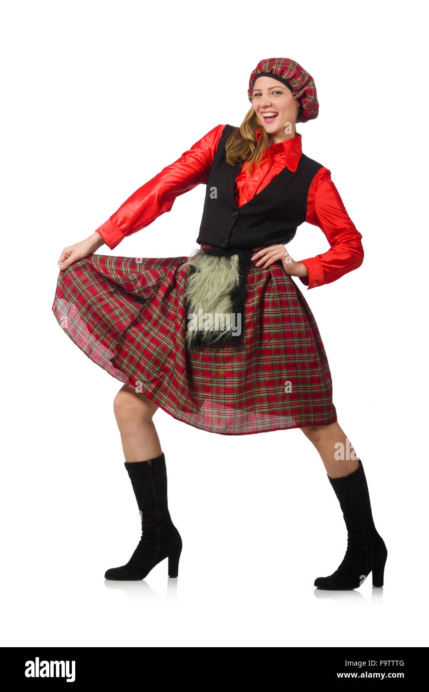 Femme drôle en vêtements écossais on white Banque D'Images