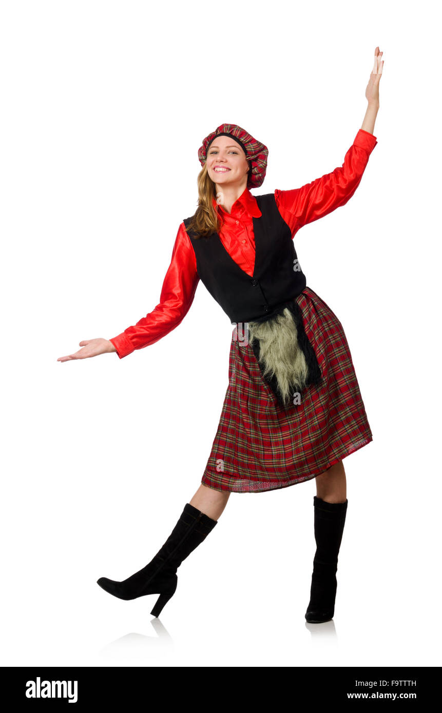 Femme drôle en vêtements écossais on white Banque D'Images