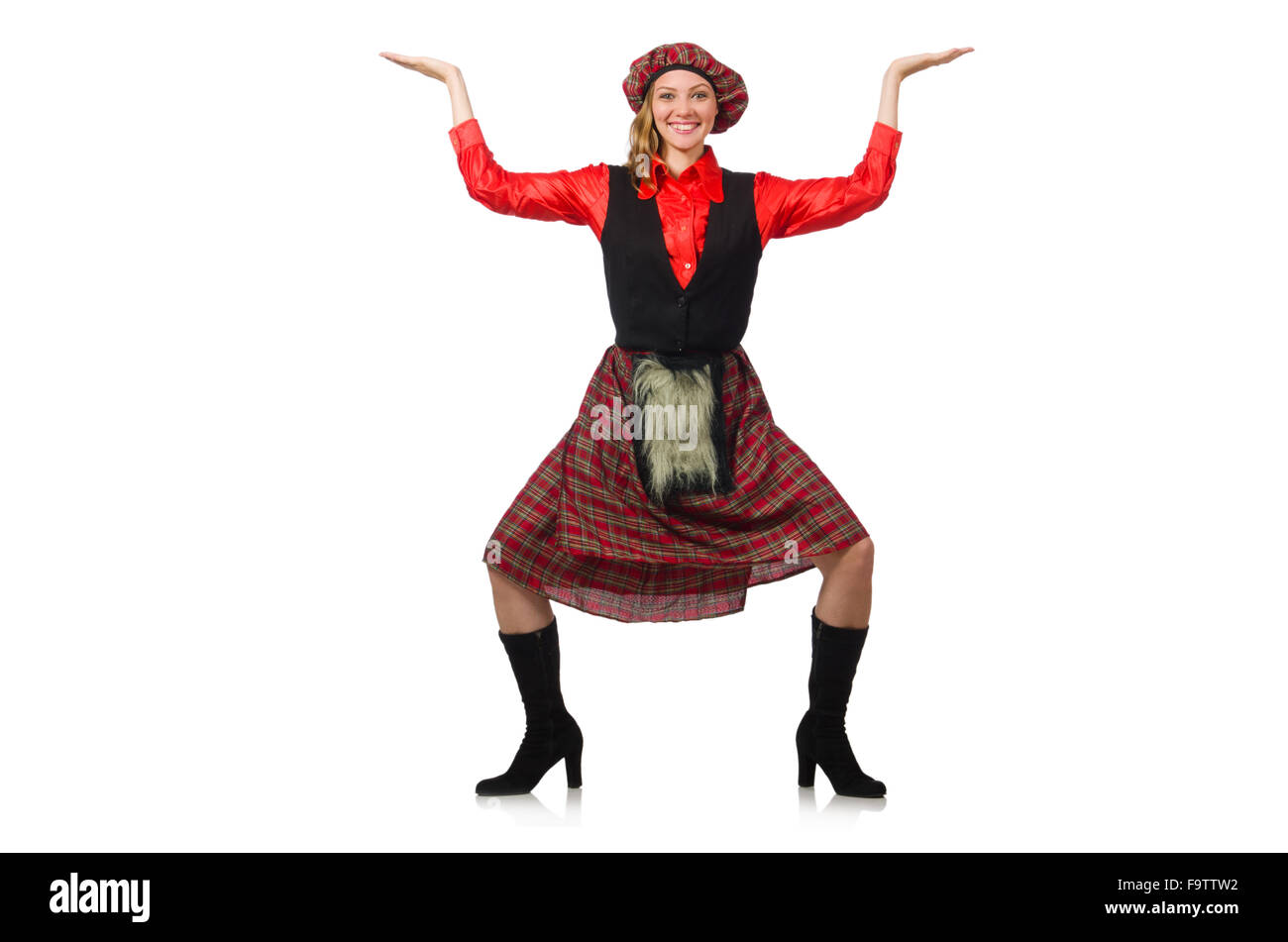 Femme drôle en vêtements écossais on white Banque D'Images