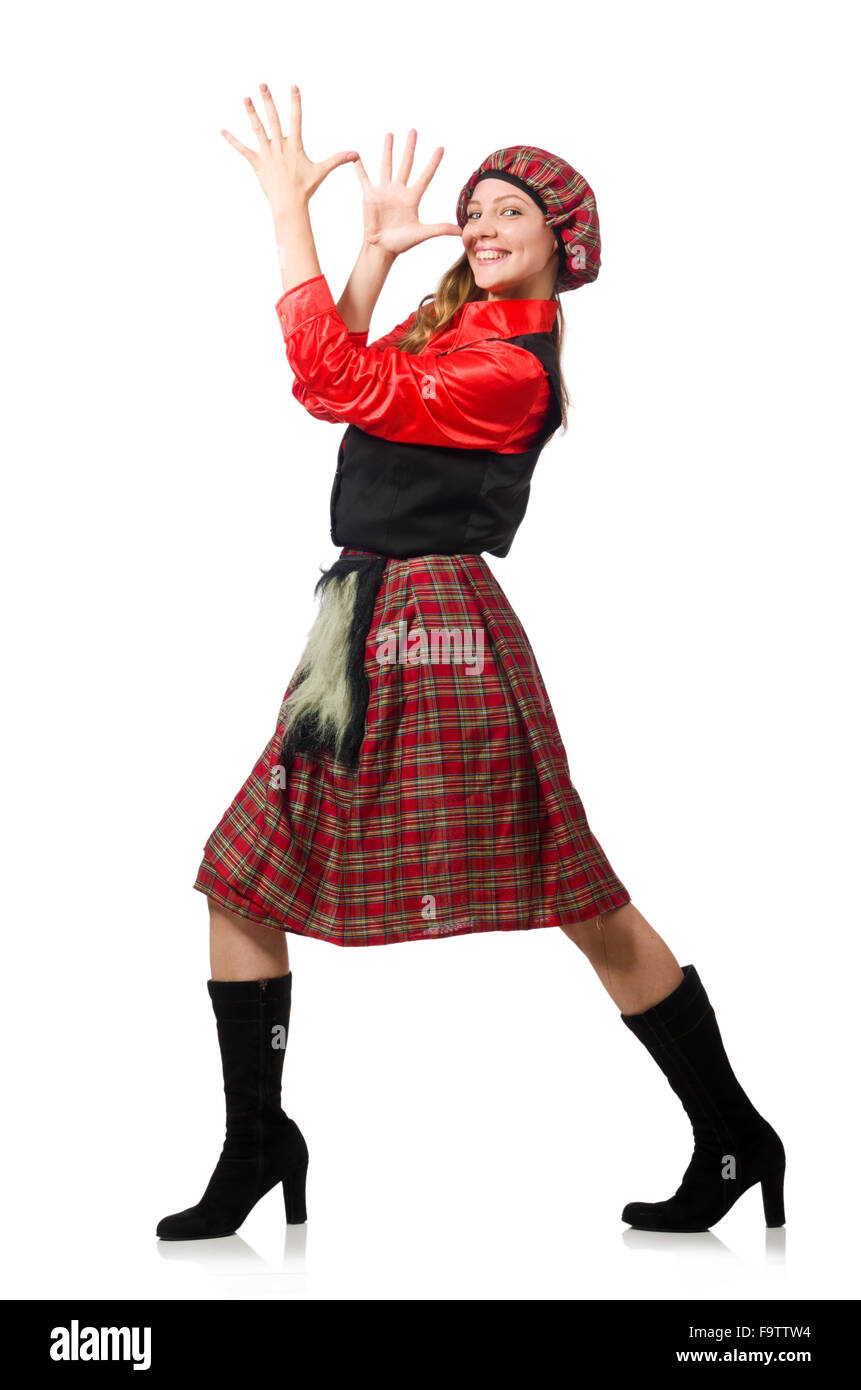 Femme drôle en vêtements écossais on white Banque D'Images