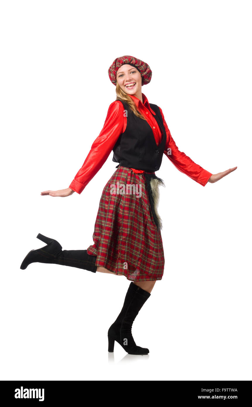 Femme drôle en vêtements écossais on white Banque D'Images