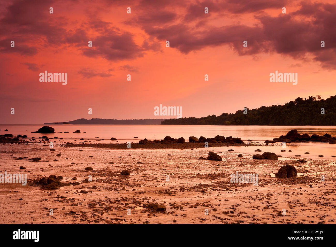 Ciel du soir à la côte nord-est de l'île de Coiba national park, site du patrimoine de l'UNESCO, la côte Pacifique, la province de Veraguas, République du Panama. Banque D'Images