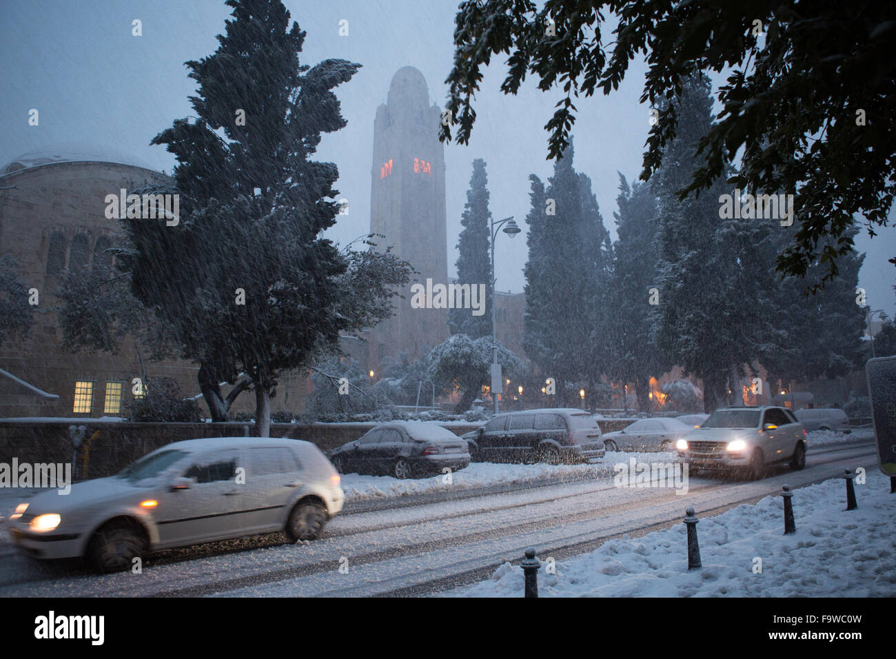 Le centre-ville de Jérusalem lors d'une tempête de neige Banque D'Images