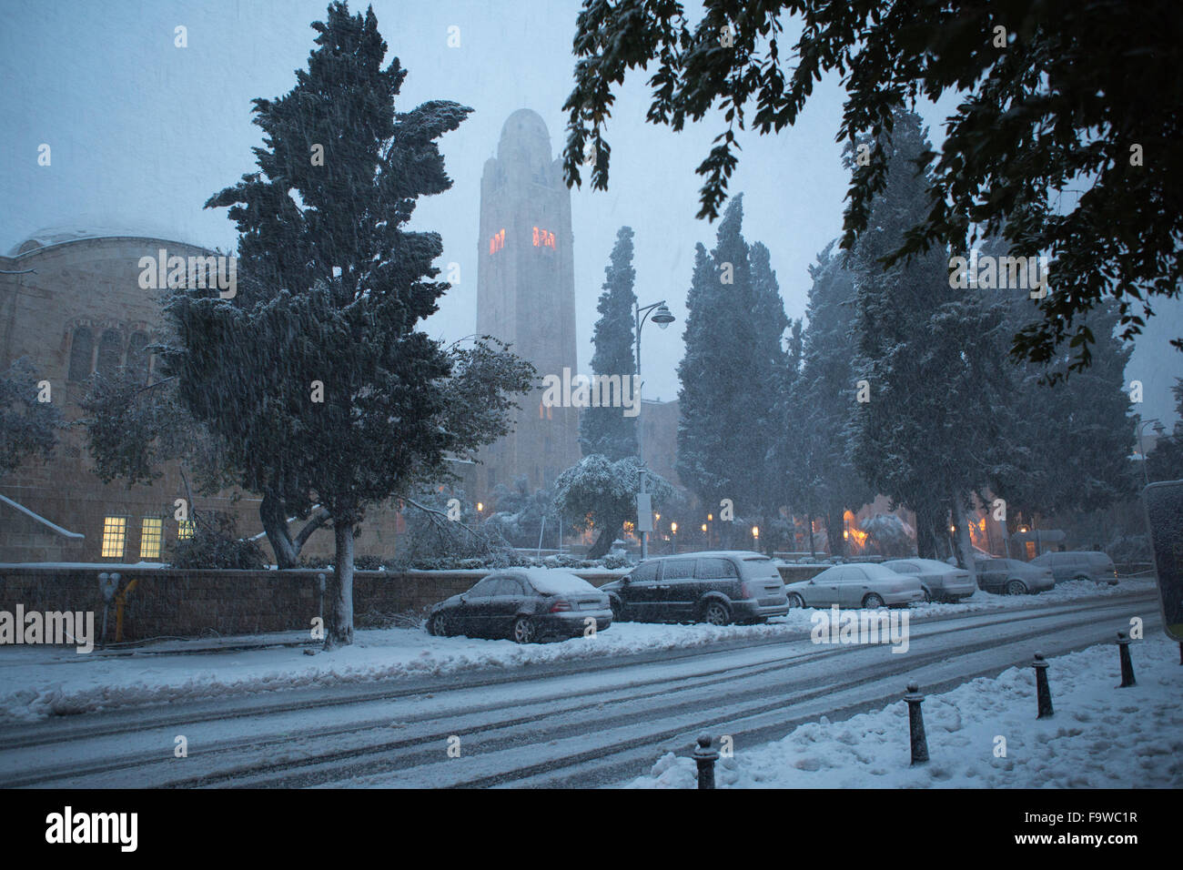 Le centre-ville de Jérusalem lors d'une tempête de neige Banque D'Images