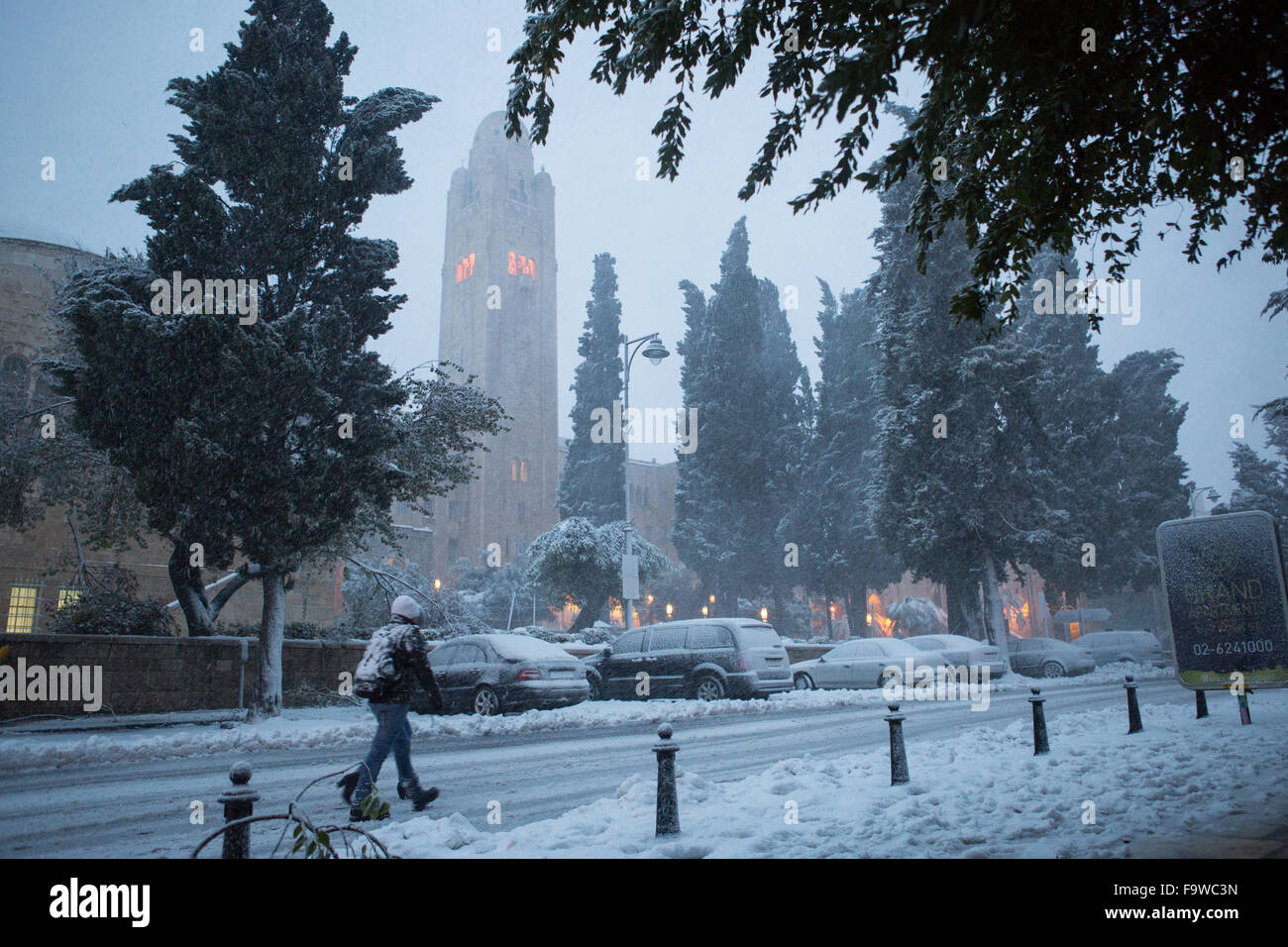 Le centre-ville de Jérusalem lors d'une tempête de neige Banque D'Images