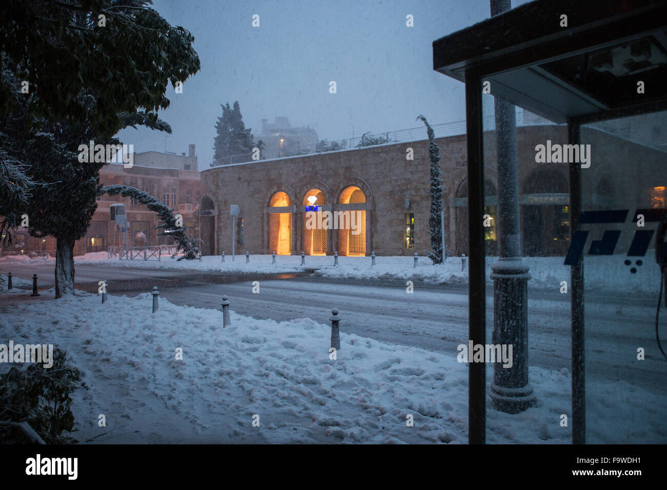 Le centre-ville de Jérusalem lors d'une tempête de neige Banque D'Images
