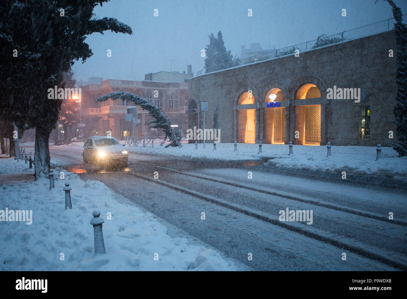 Le centre-ville de Jérusalem lors d'une tempête de neige Banque D'Images