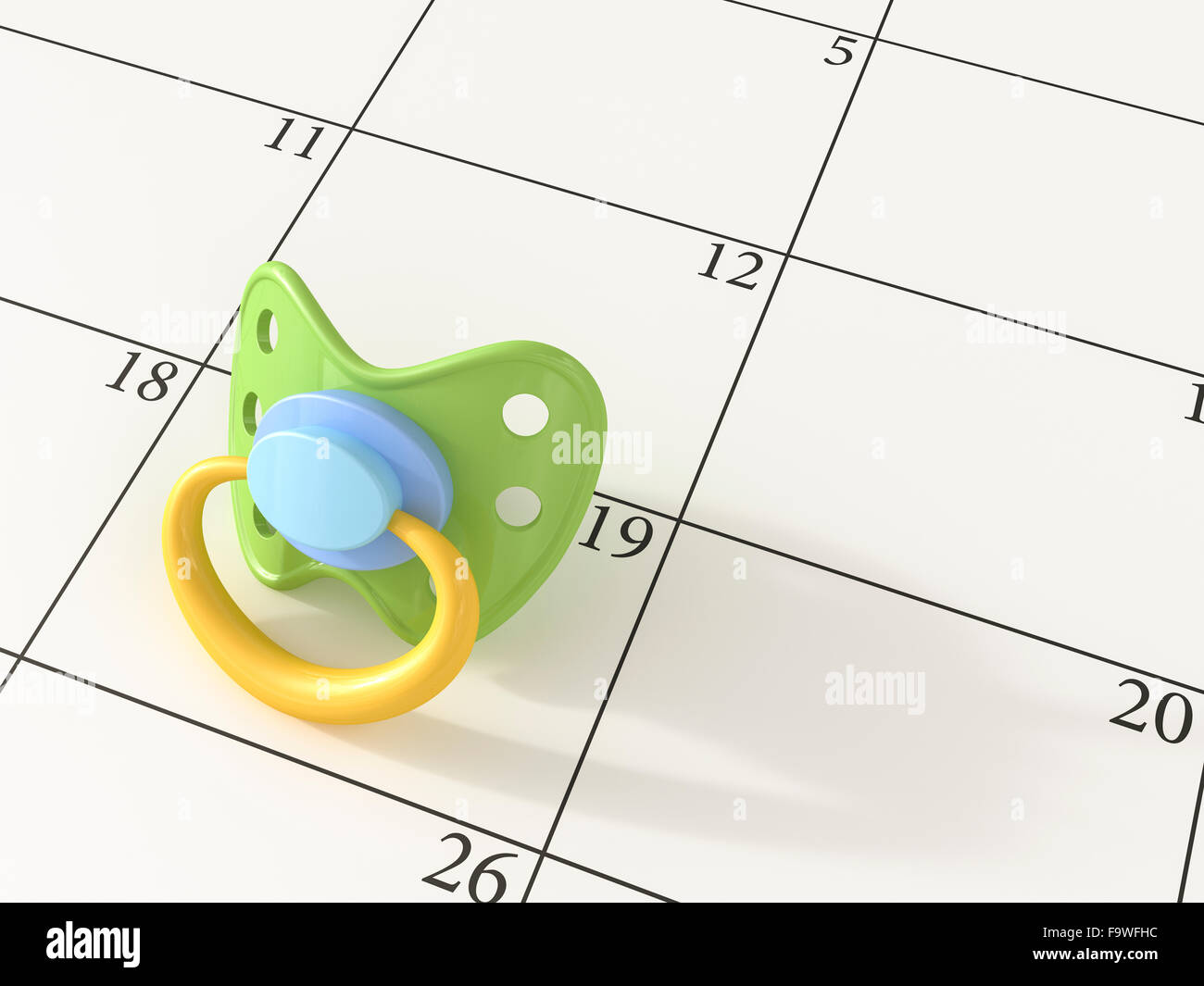 Sucette allongé sur le calendrier, le rendu 3D Banque D'Images