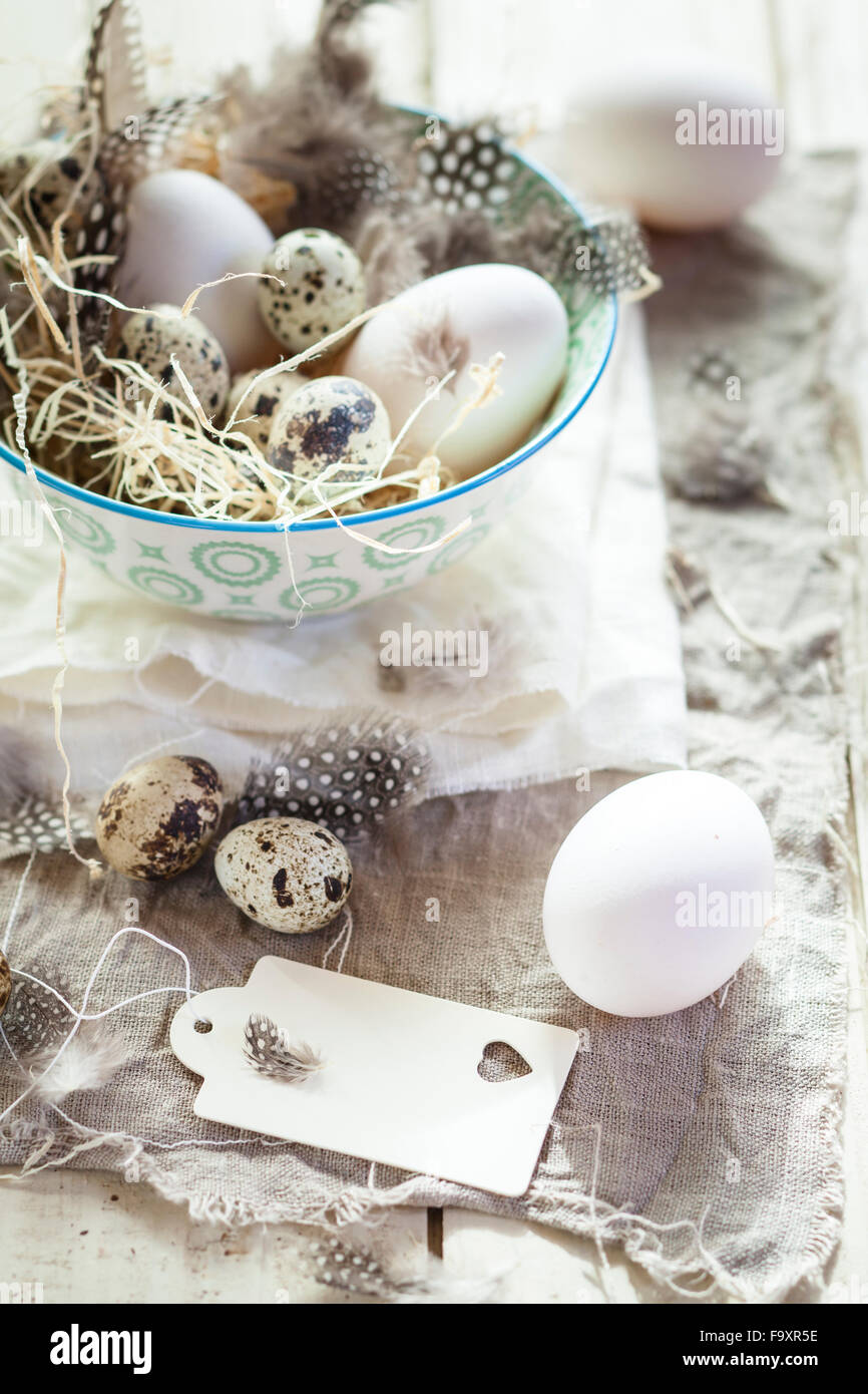 Les œufs et les œufs de caille dans un bol avec le tag Banque D'Images