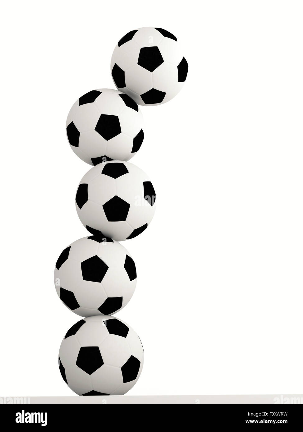 Pile de cinq ballons de soccer in front of white background, 3D Rendering Banque D'Images