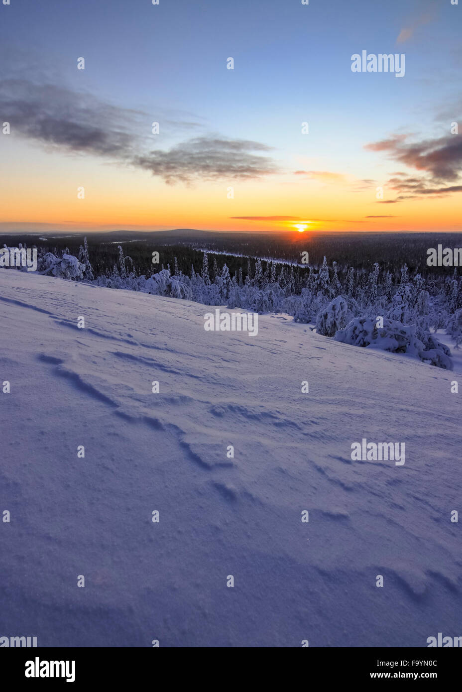 Coucher du soleil d'hiver dans le Parc National Urho Kekkonen Banque D'Images