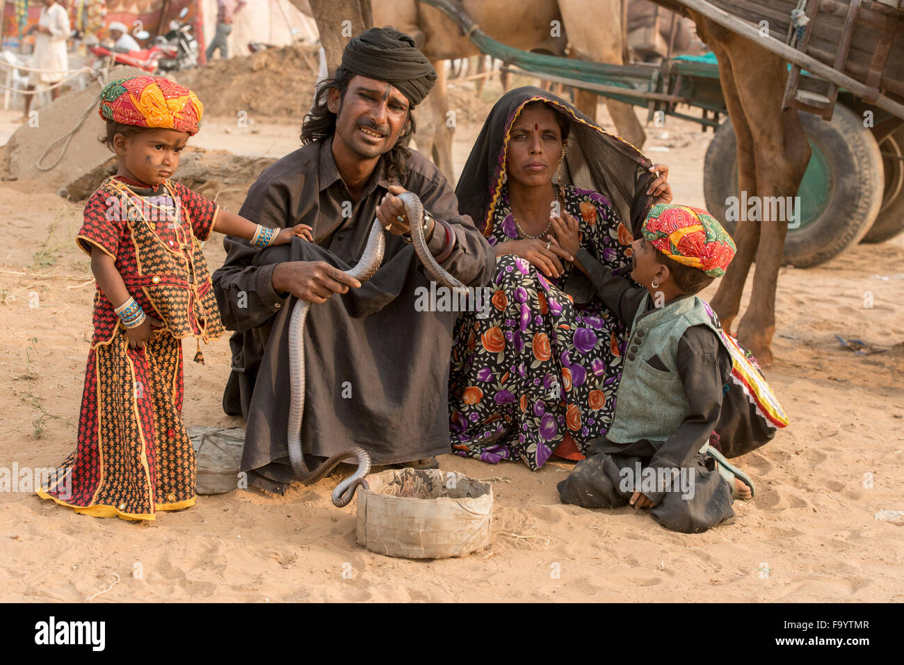 Famille avec Cobra, Camel, Pushkar Fair Banque D'Images