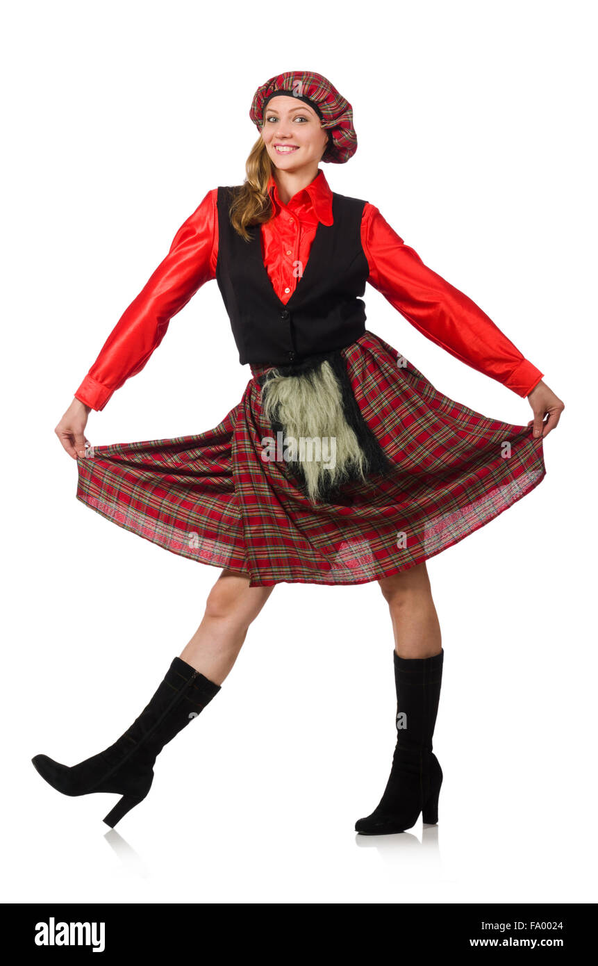 Femme drôle en vêtements écossais on white Banque D'Images