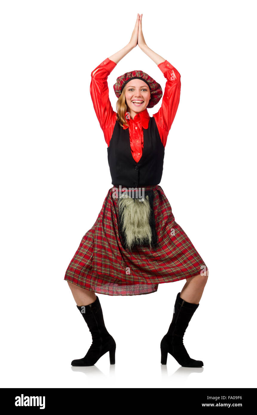 Femme drôle en vêtements écossais on white Banque D'Images