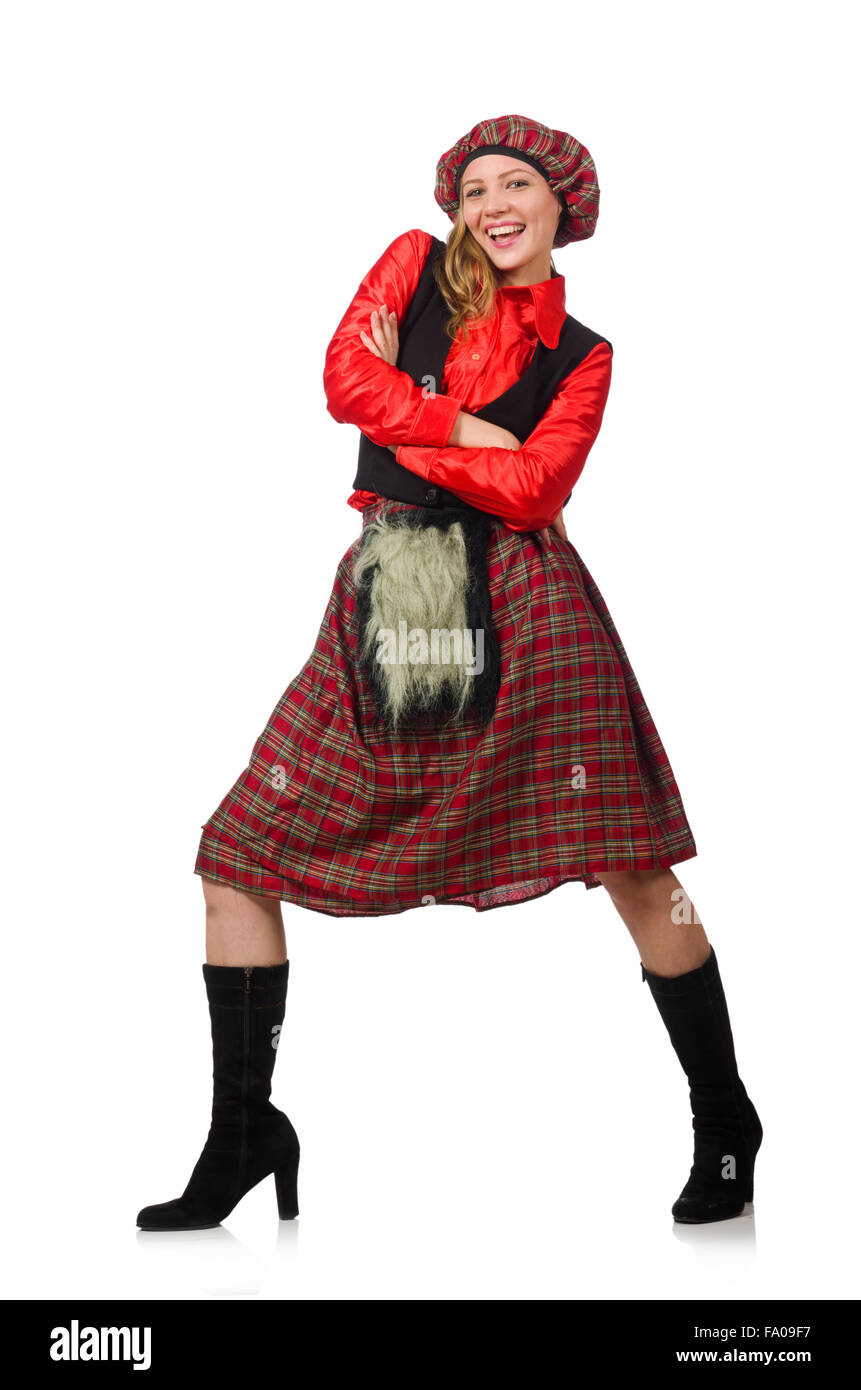 Femme drôle en vêtements écossais on white Banque D'Images