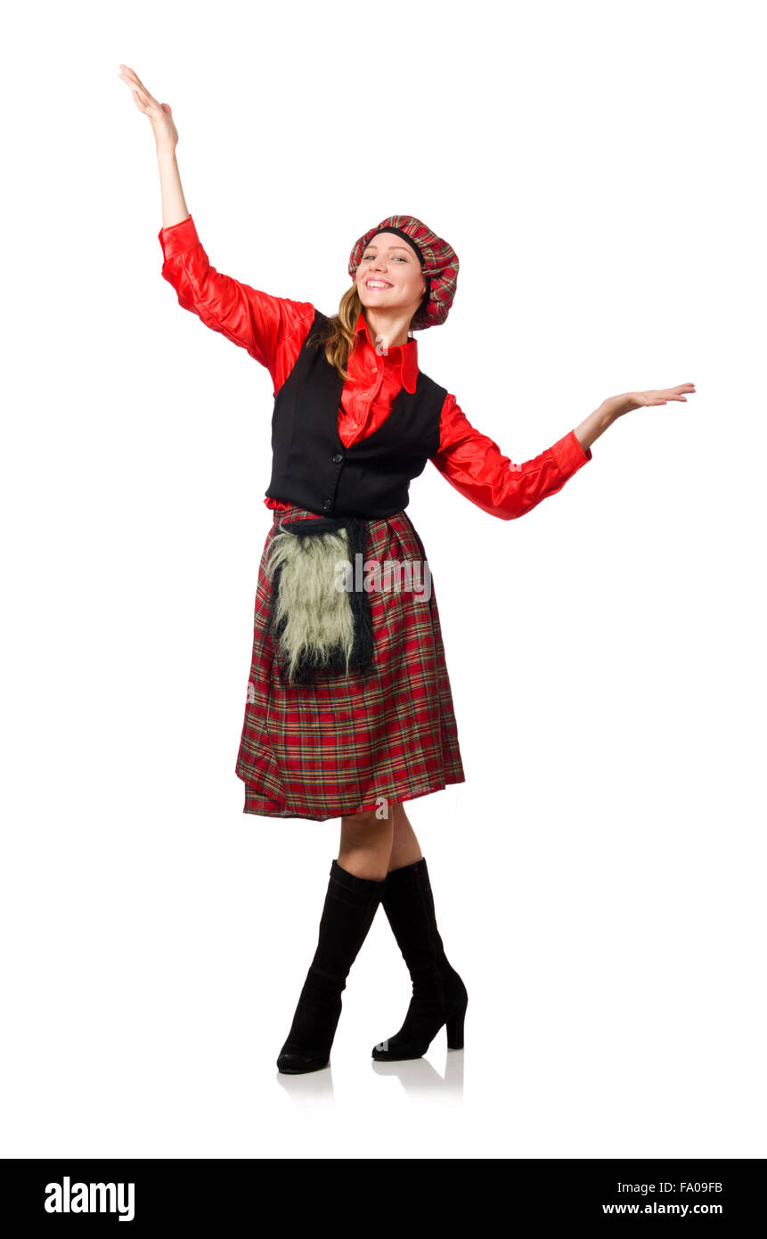 Femme drôle en vêtements écossais on white Banque D'Images