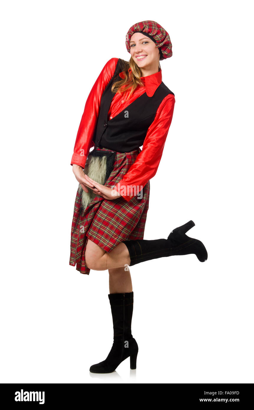 Femme drôle en vêtements écossais on white Banque D'Images