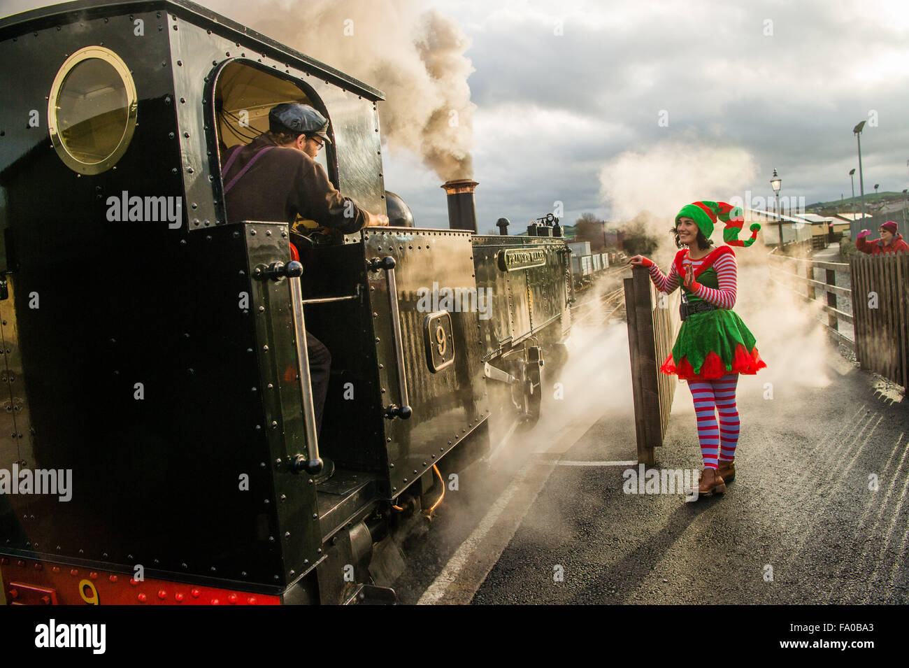 Pays de Galles Aberystwyth UK, le samedi 19 décembre 2015 une jeune femme vêtue comme l'un d'un Père Noël' elf elves salué la Santa train à vapeur spécial sur la vallée de chemin de fer à voie étroite de Rheidol train à Aberystwyth UK Crédit photo : Keith Morris/Alamy Live News Banque D'Images