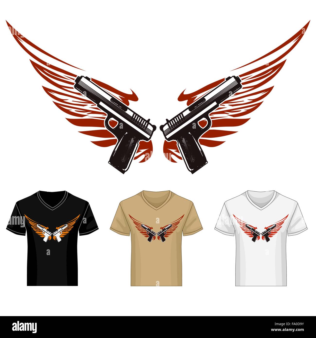 Deux canons d'armes à feu avec des ailes shirt modèle. Illustration dans le style de tatouage. Illustration de Vecteur