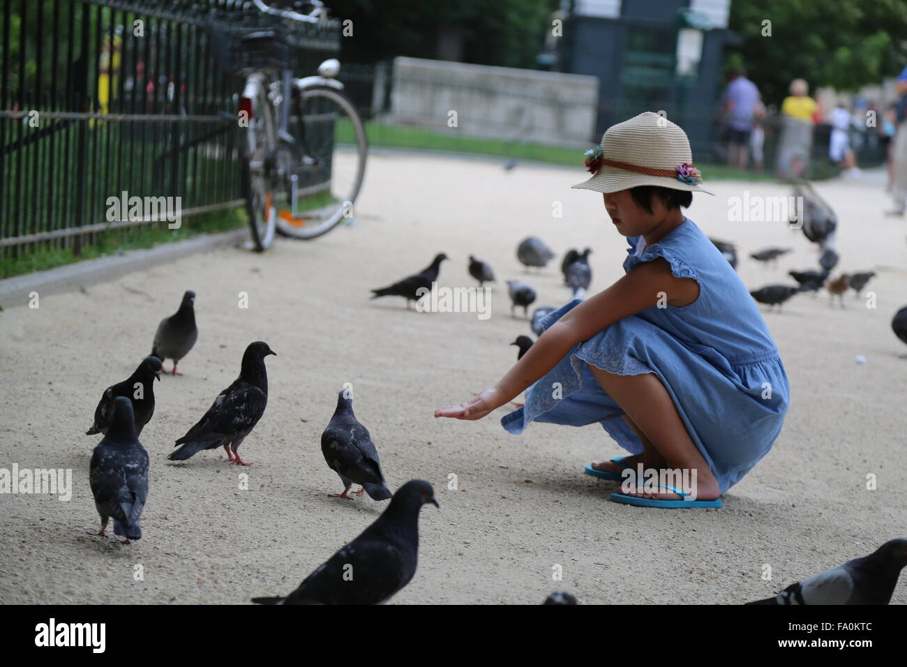 Une jeune chinoise se nourrir les pigeons en face de la cathédrale Notre-Dame de Paris, également connu sous le nom de Cathédrale Notre-Dame ou simplement Notre-Dame Banque D'Images
