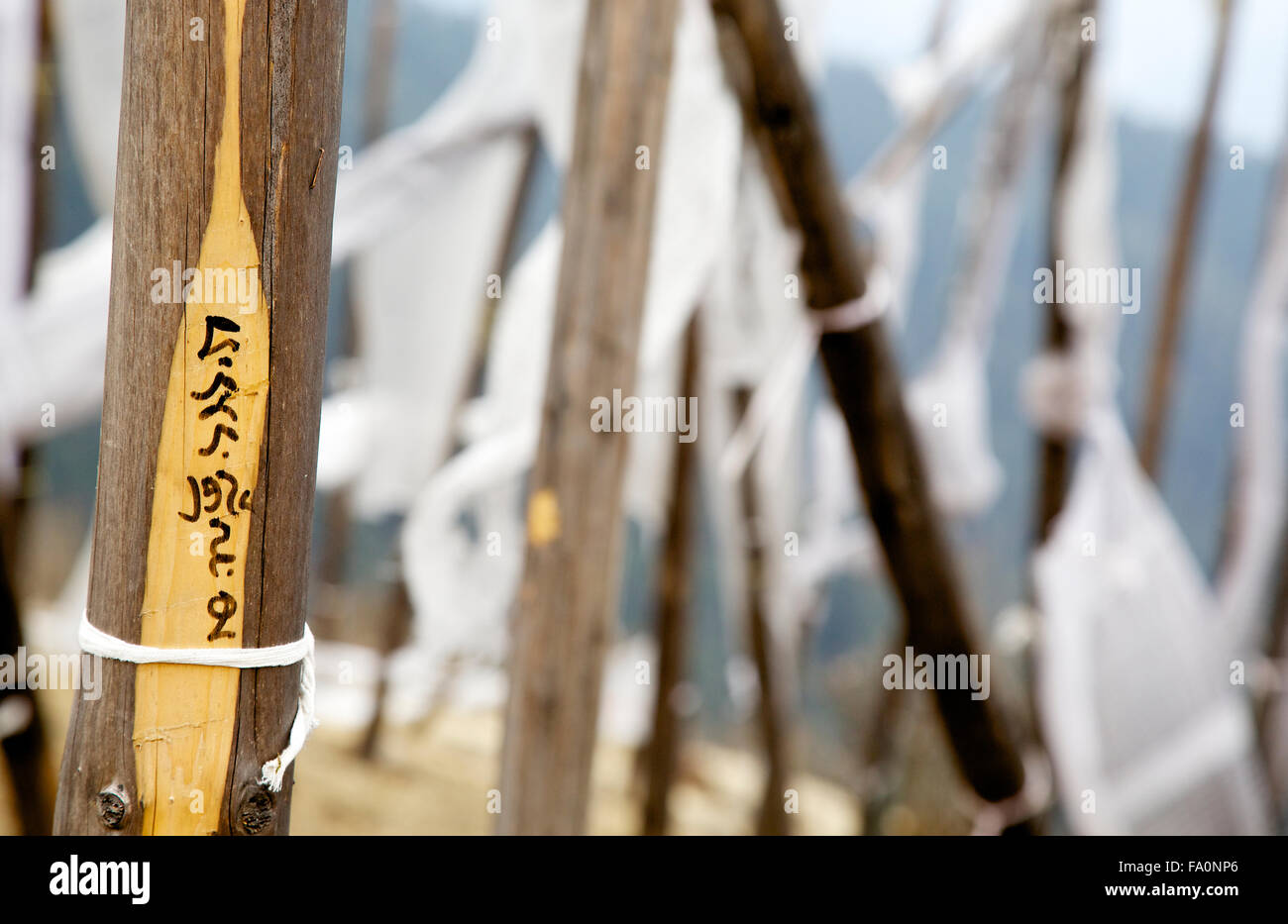 L'un des 108 arbres, érigé pour honorer les morts au Bhoutan, avec le nom de la personne morte inscrit sur elle. Banque D'Images