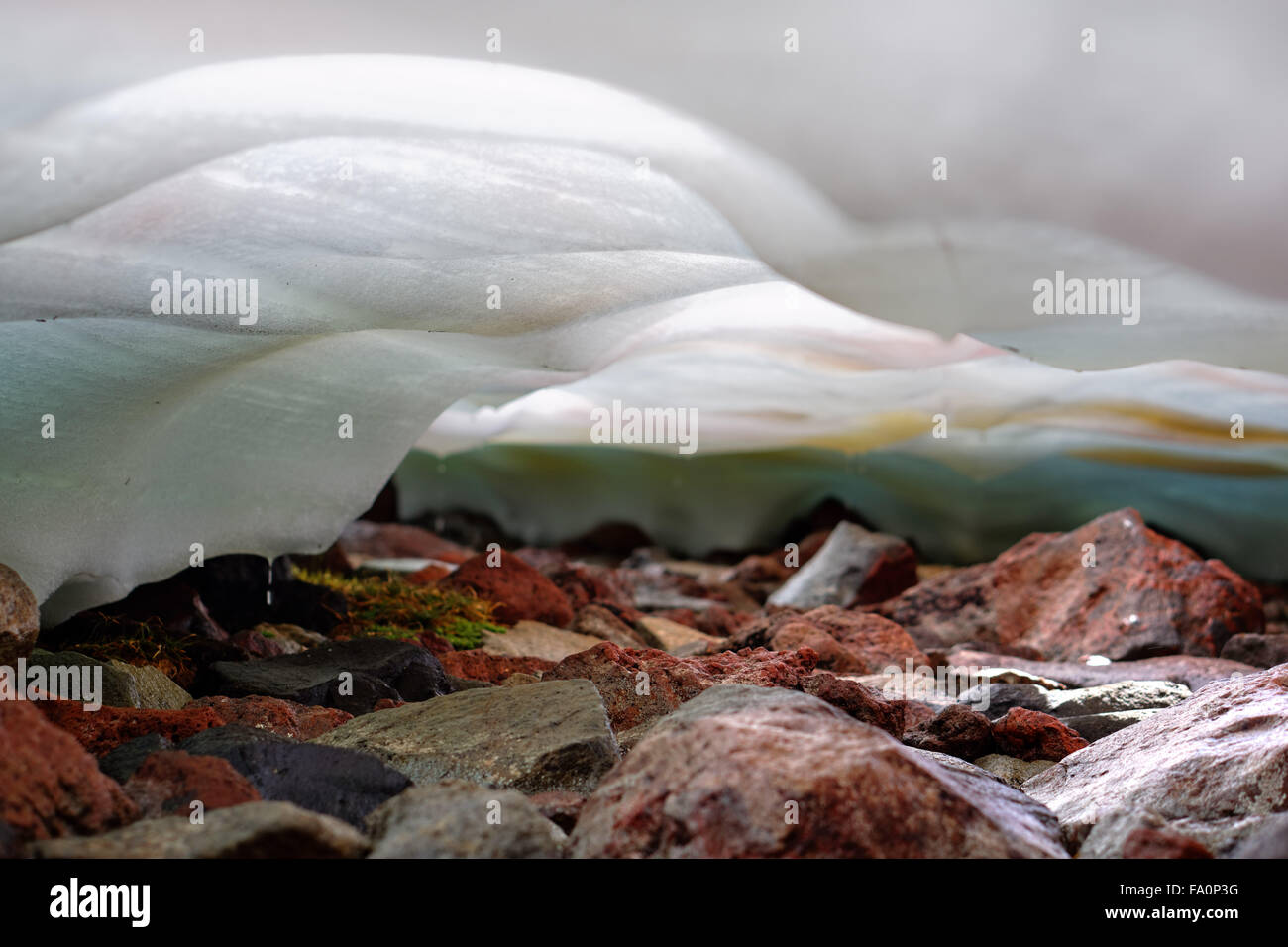 L'eau de fusion en vertu de l'écoulement d'une calotte glaciaire sur des rochers, Spray Park, Mount Rainier National Park, Washington State, USA Banque D'Images