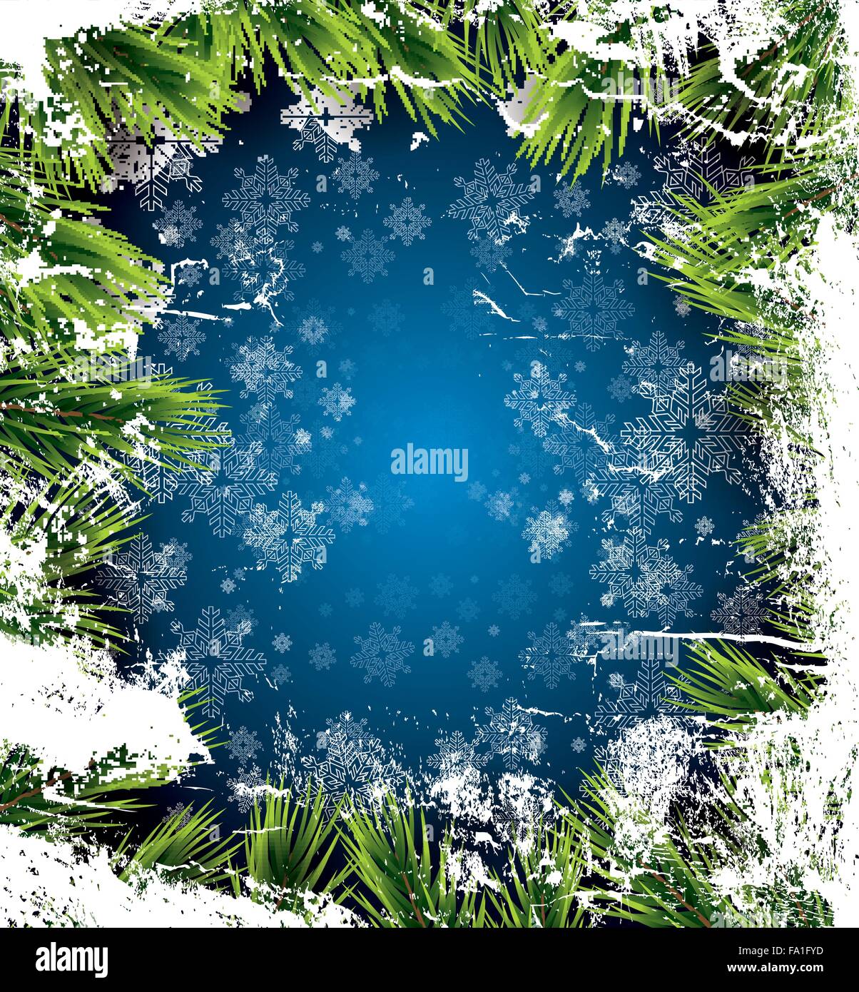 Carte de Noël avec des flocons blancs sur fond bleu, de pommes et de texture glacée. Invitation Nouvel An. Fête de Noël flyer Illustration de Vecteur