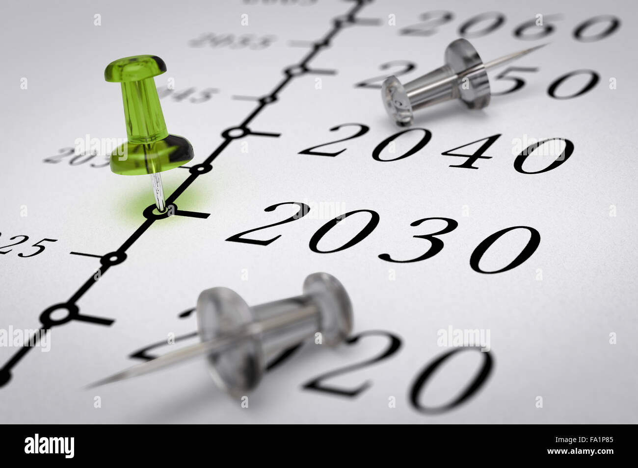2030 écrit sur un papier avec une punaise verte, concept de droit pour les affaires ou la vision prospective à long terme. Numéro deux thousa Banque D'Images