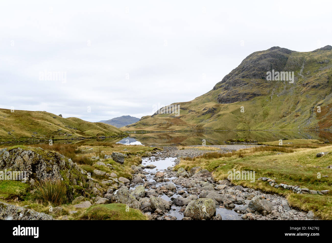 Stickle Tarn ci-dessous les Langdale Pikes Banque D'Images