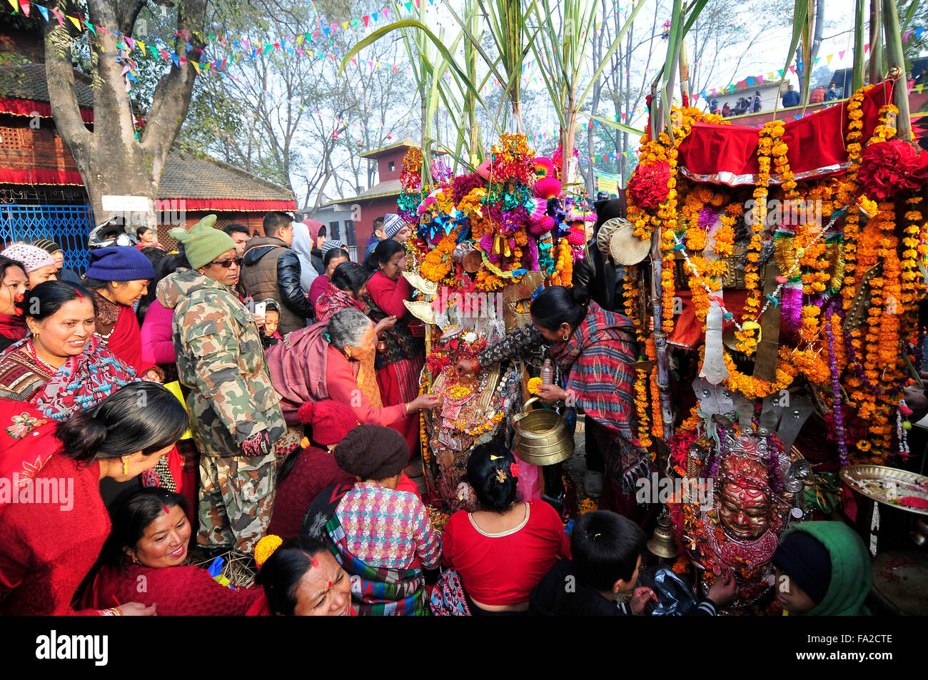 Katmandou, Népal. 18Th Oct, 2015. Les dévots népalais rituel puja offrant vers char de Dieu et déesse pendant Saat Gaule festival Jatra en début de matinée à Kirtipur qui marque l'arrivée de la saison d'hiver au Népal. Credit : Narayan Maharjan/Pacific Press/Alamy Live News Banque D'Images