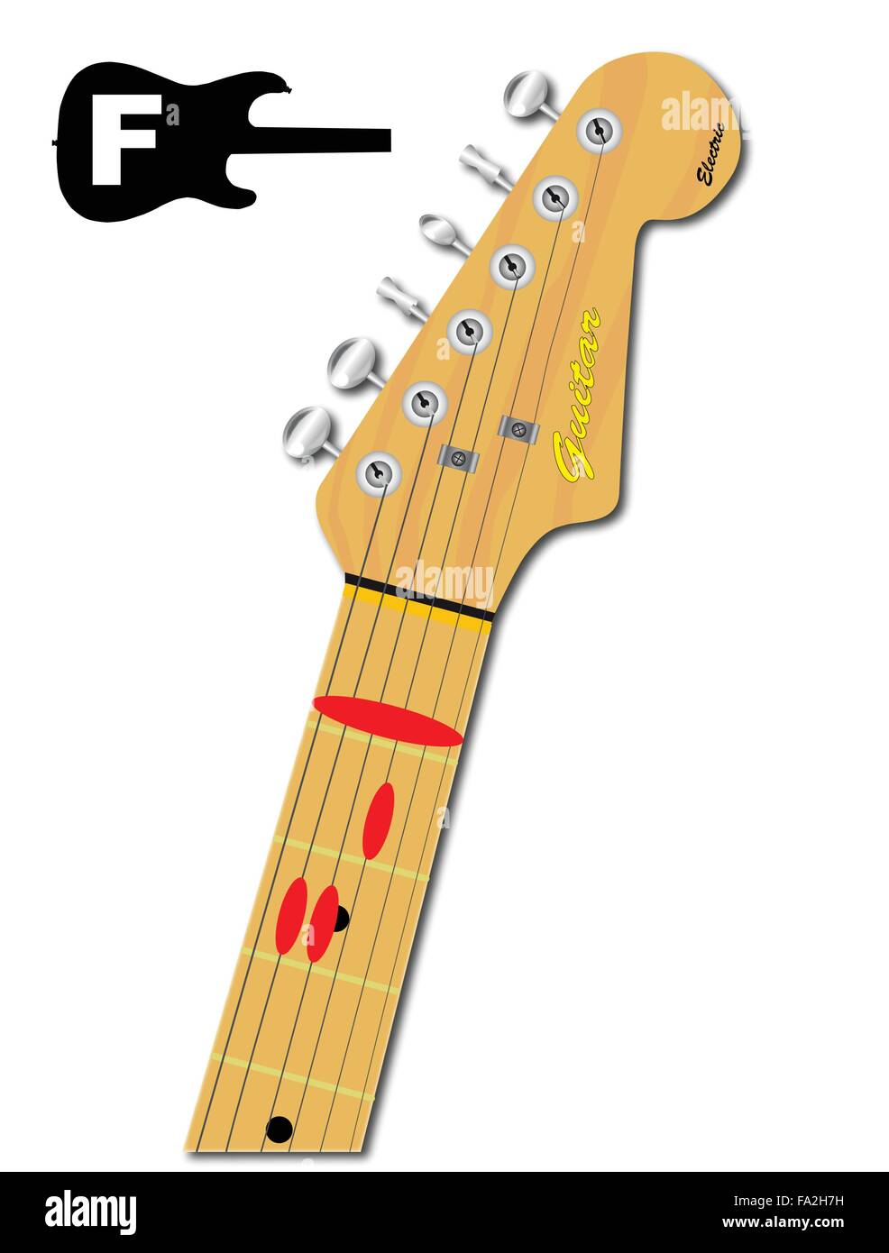 Une guitare électrique cou avec l'accord de fa majeur de la forme indiquée avec boutons rouges Illustration de Vecteur