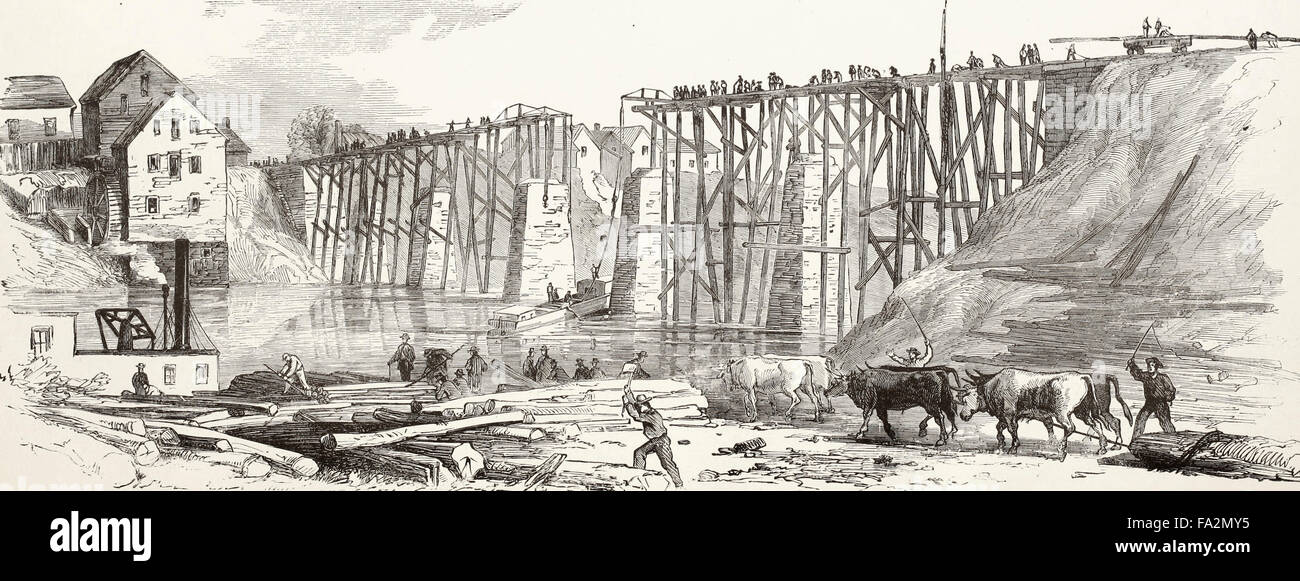 La reconstruction du pont ferroviaire qui traverse la Fredericksburg à Marshalltown, brûlé par les Confédérés dans leur retraite de Falmouth, avril 19th, 1862. Guerre civile USA Banque D'Images