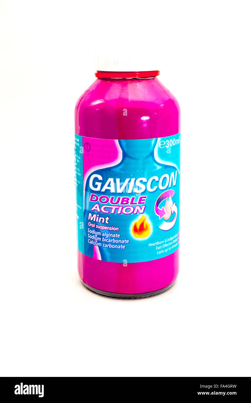 Bouteille de liquide Gaviscon double action de secours d'estomac indigestion découpe découpe recours fond blanc copie espace isolé Banque D'Images