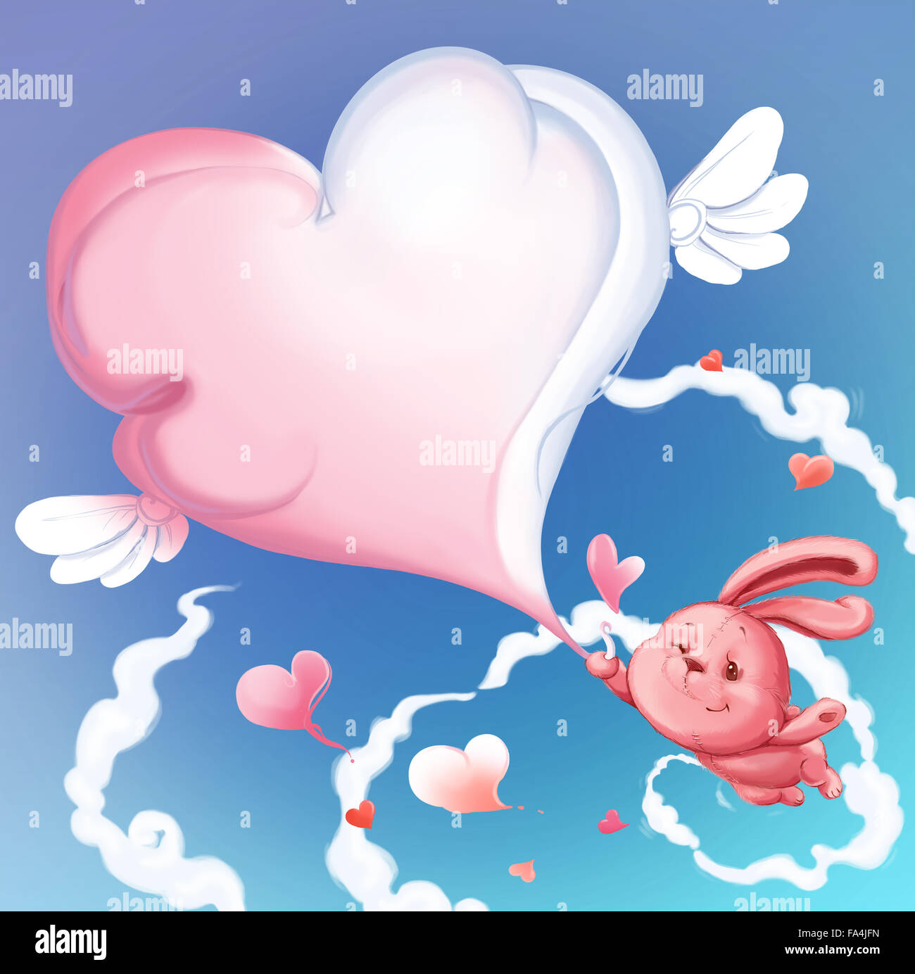 Cute bunny tenant un coeur nuage de patte. Carte de vœux. Jour de la Saint-Valentin. Banque D'Images