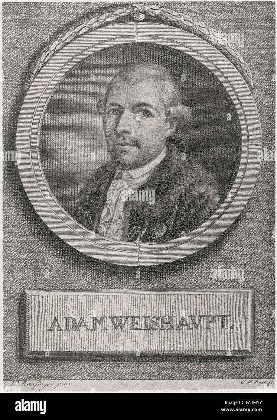 Johann Adam Weishaupt (1748-1830), allemand, philosophe, fondateur de l'ordre de la société secrète des Illuminati, après peinture, gravée par Mansinger C,W, Bockfe, livre des illustrations de "Cagliostro, Splendeurs et misères d'un maître de la magie", Chapman and Hall LTD, W.R.H. Trowbridge, 1910 Banque D'Images