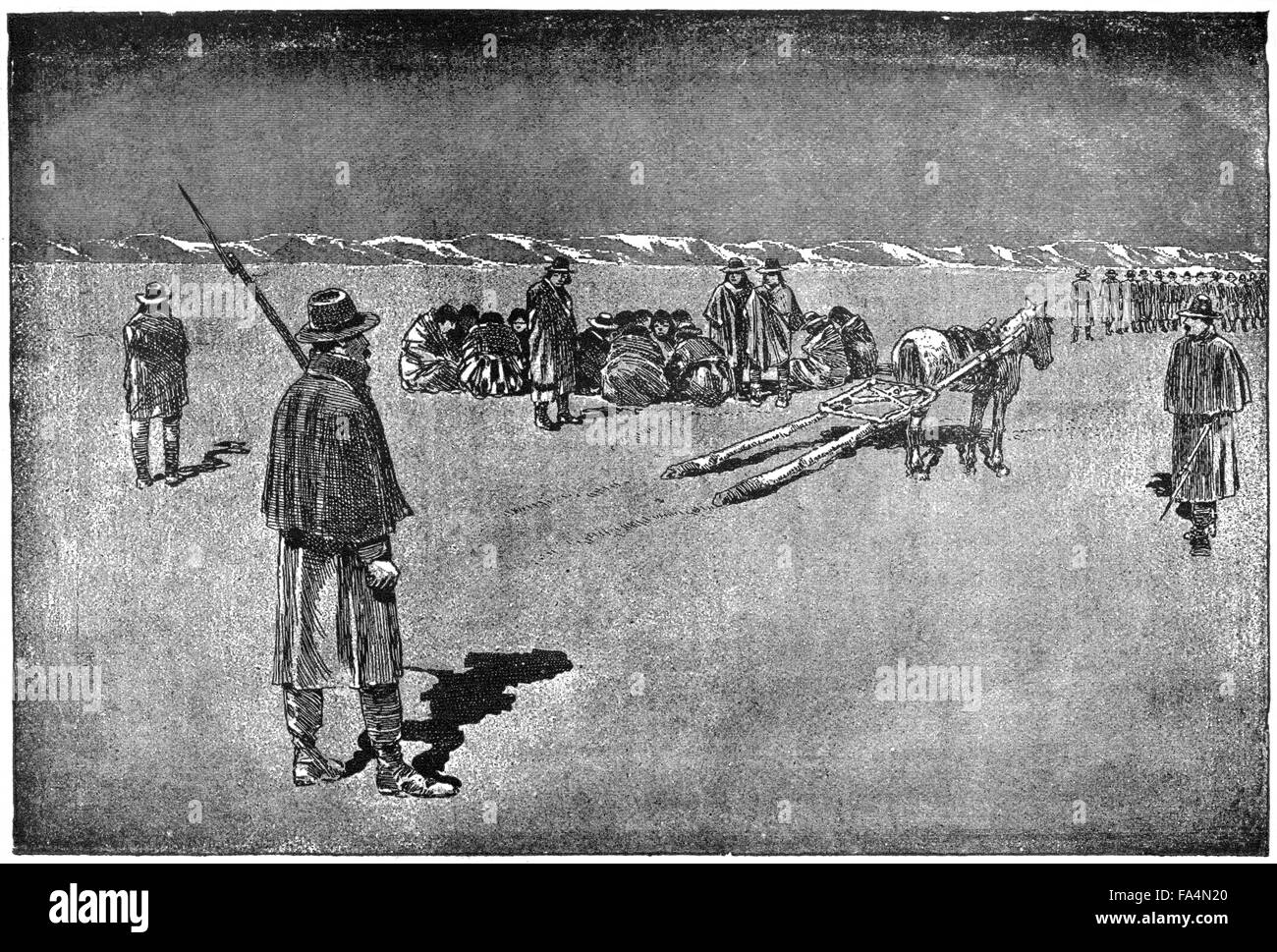 "Bande d'ennemis sur le chemin de l'Agence de Pine Ridge", créé en 1889, l'illustration du livre de "horreurs indien ou les massacres de la hommes rouge", par Henry Davenport Northrop, 1891 Banque D'Images