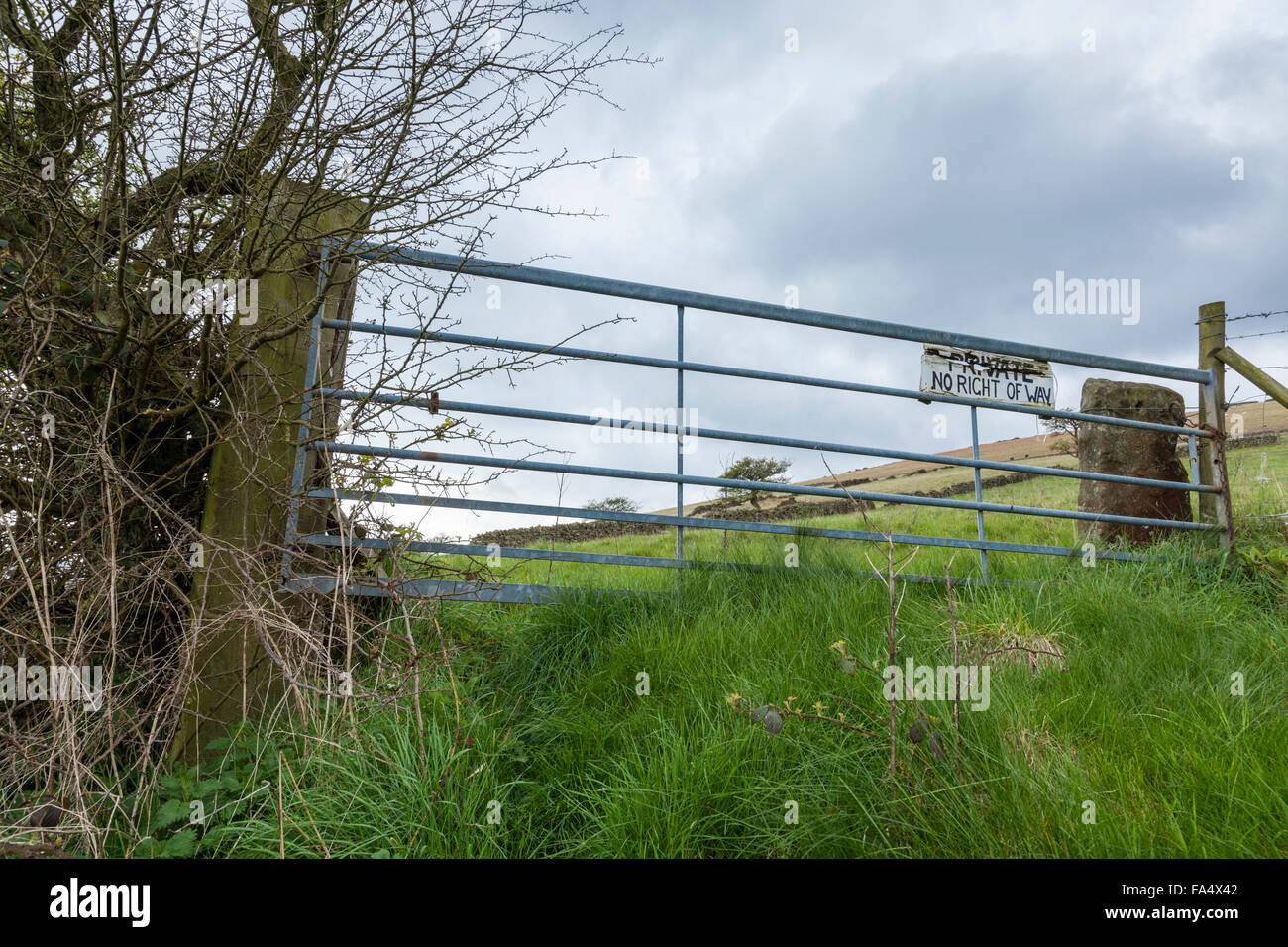 Signe des terres privées. Pas de droit de passage signe sur une ferme, Peak District, Derbyshire, Angleterre, RU Banque D'Images