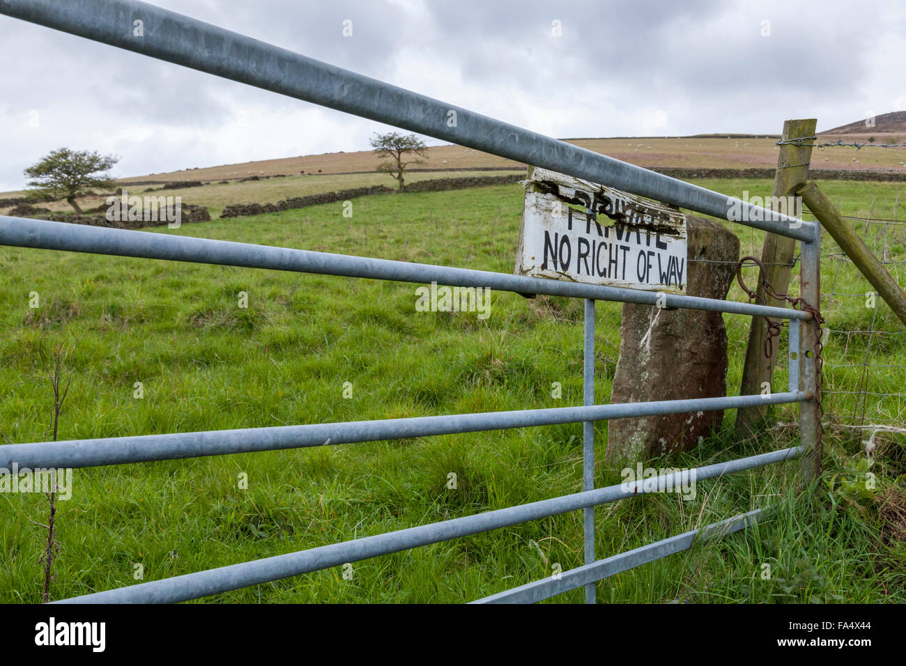 Les terres privées. Privés aucun droit de passage signe sur une ferme, Peak District, Derbyshire, Angleterre, RU Banque D'Images