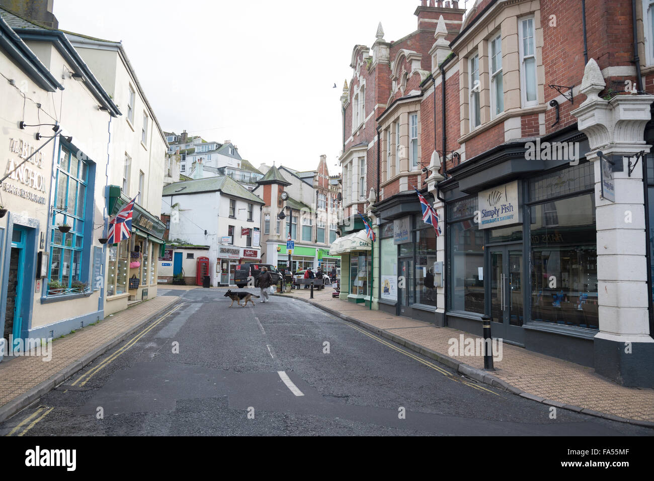 Un chien marche dans la rue avec son propriétaire à Brixham(le paramètre pour la série tv Fish Town Banque D'Images