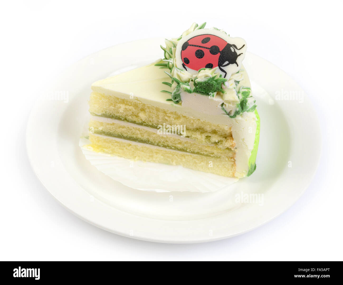 Un morceau de gâteau avec coccinelle rouge sur le dessus sur disque en céramique blanche. Banque D'Images