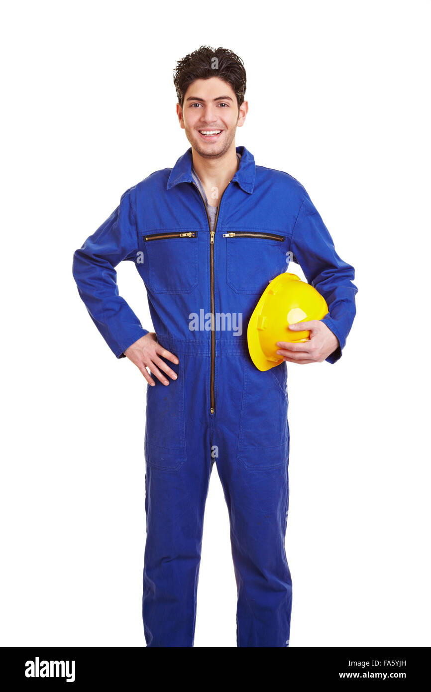 Les jeunes professionnels construction worker dans un pyjama bleu Banque D'Images